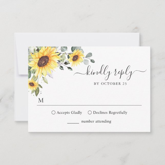 Elegant Sunflowers Eucalyptus Floral Wedding RSVP  (Front)