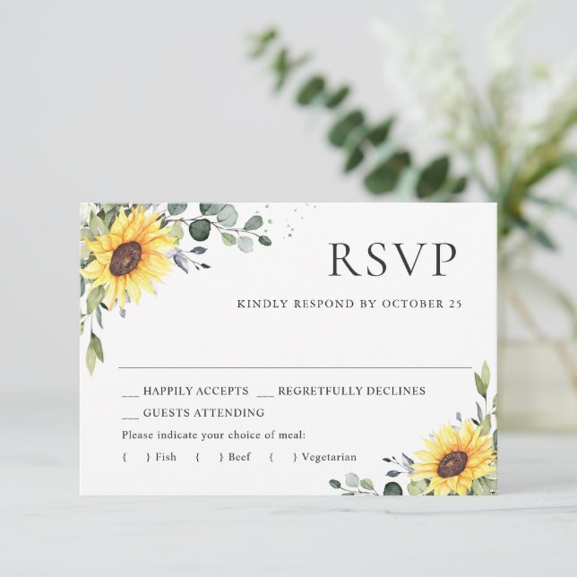 Elegant Sunflowers Eucalyptus Floral Wedding RSVP Card (Standing Front)