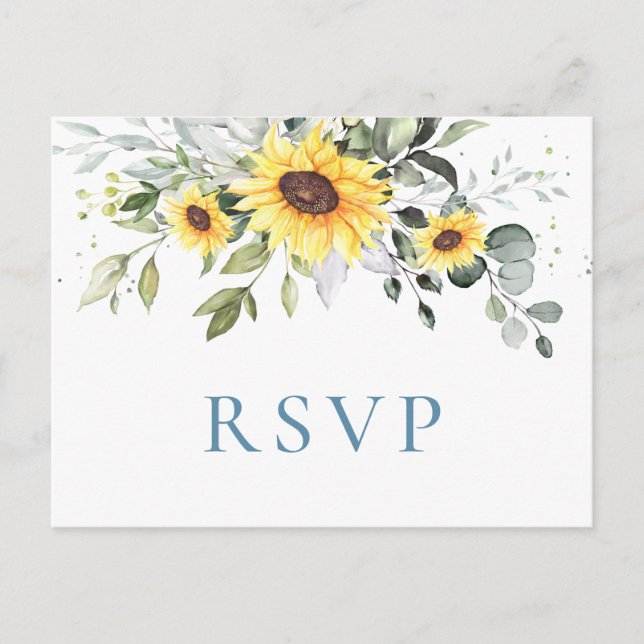 Elegant Sunflowers Eucalyptus Floral Wedding RSVP Postcard (Front)