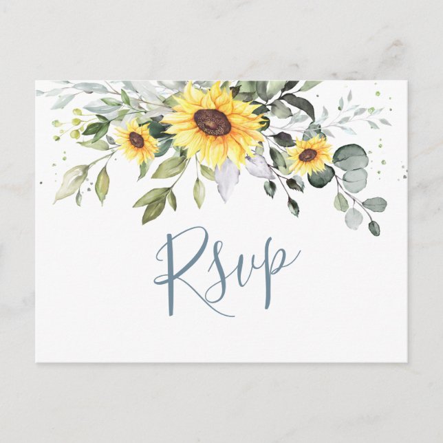 Elegant Sunflowers Eucalyptus Floral Wedding RSVP Postcard (Front)