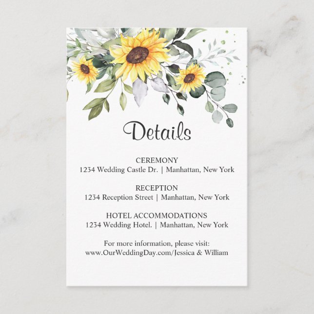 Elegant Sunflowers Eucalyptus Foliage Details Enclosure Card (Front)