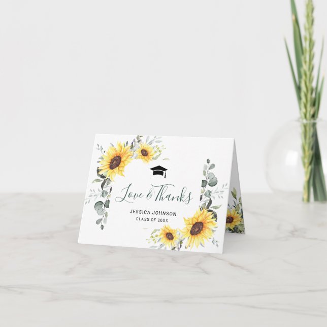 Elegant Sunflowers Eucalyptus Foliage Graduation Thank You Card (Front)