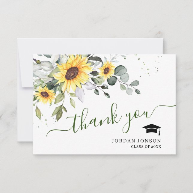 Elegant Sunflowers Eucalyptus Foliage Graduation  Thank You Card (Front)