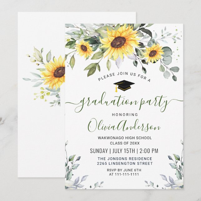 Elegant Sunflowers Eucalyptus Graduation Party Invitation (Front/Back)