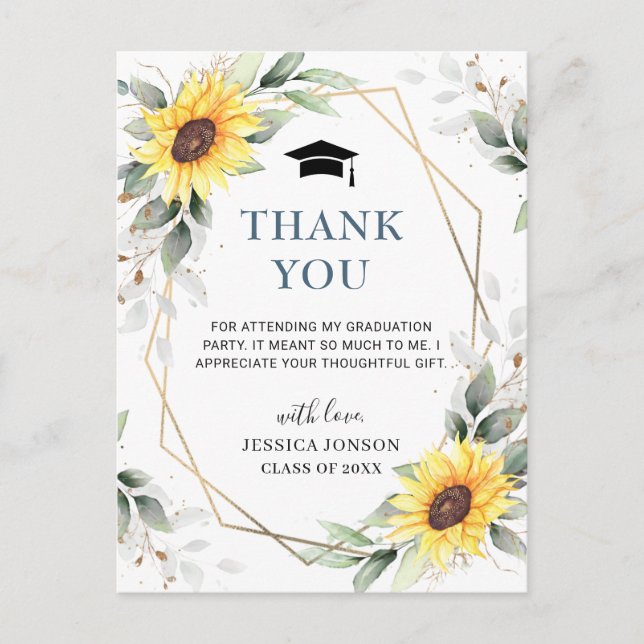 Elegant Sunflowers Eucalyptus Graduation Thank You Postcard (Front)
