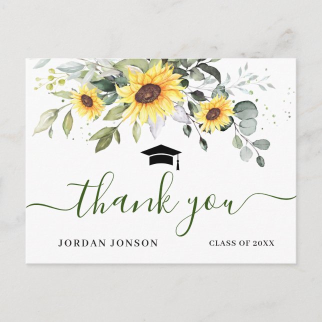 Elegant Sunflowers Eucalyptus Graduation Thank You Postcard (Front)