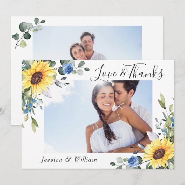 Elegant Sunflowers Eucalyptus Greenery 2 PHOTO Thank You Card (Front/Back)