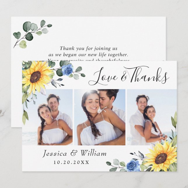 Elegant Sunflowers Eucalyptus Greenery 3 PHOTO Thank You Card (Front/Back)