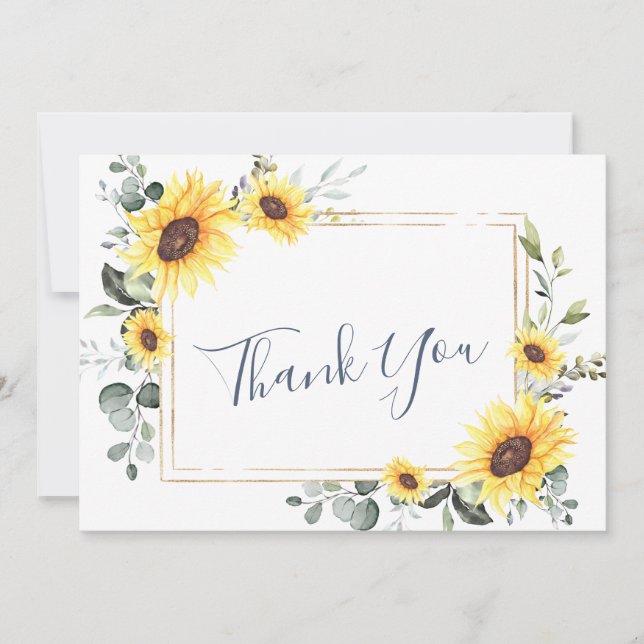 Elegant Sunflowers Eucalyptus Greenery Thank You Card (Front)