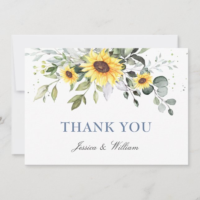 Elegant Sunflowers Eucalyptus Greenery Thank You Card (Front)
