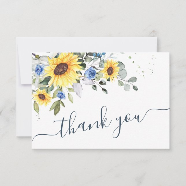 Elegant Sunflowers Eucalyptus Greenery Watercolor Thank You Card (Front)