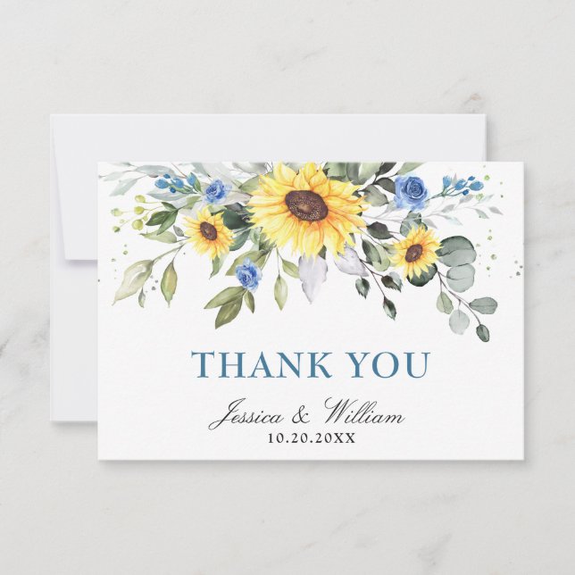 Elegant Sunflowers Eucalyptus Greenery Watercolor Thank You Card (Front)
