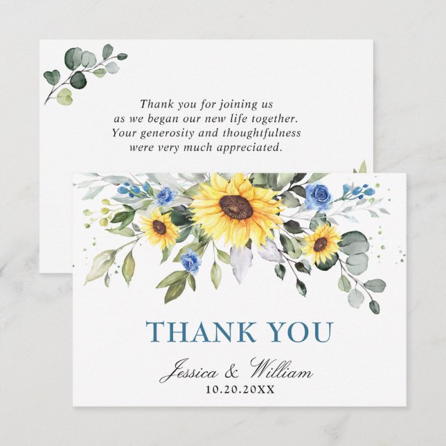Elegant Sunflowers Eucalyptus Greenery Watercolor Thank You Card (Front/Back)