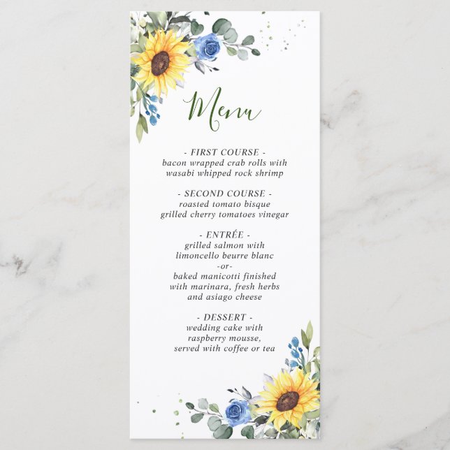 Elegant Sunflowers Eucalyptus Greenery Wedding Menu (Front)