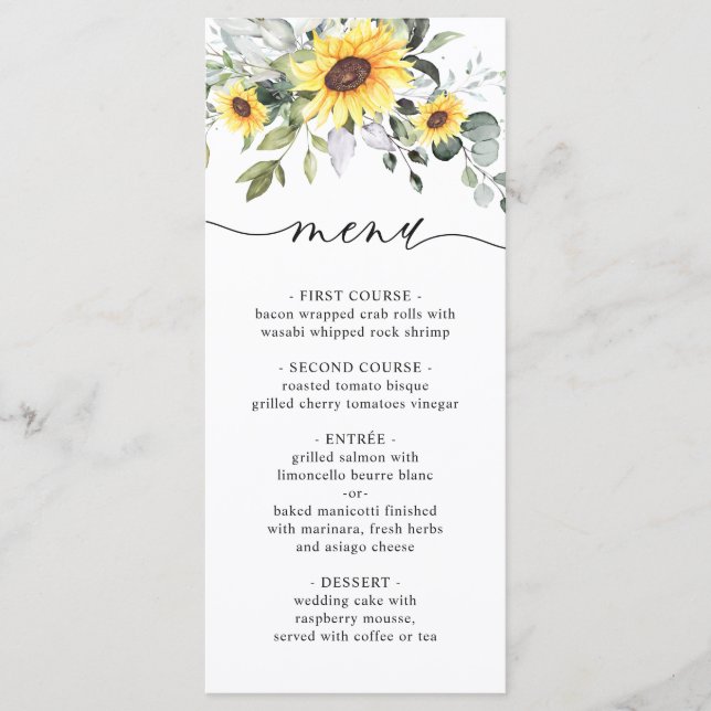 Elegant Sunflowers Eucalyptus Greenery Wedding Menu (Front)