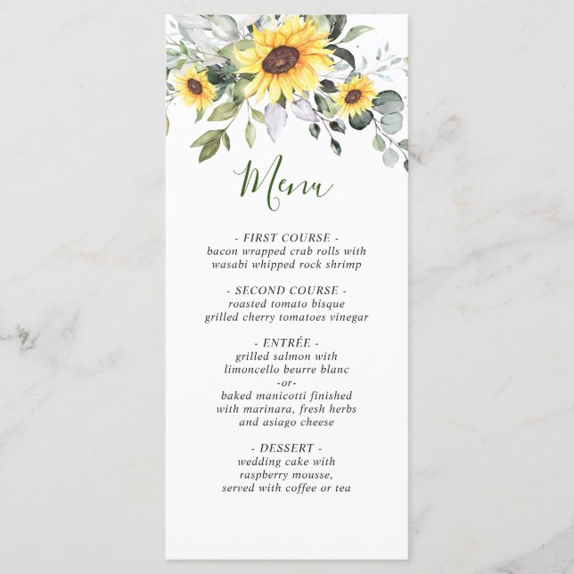 Elegant Sunflowers Eucalyptus Greenery Wedding Menu (Front)
