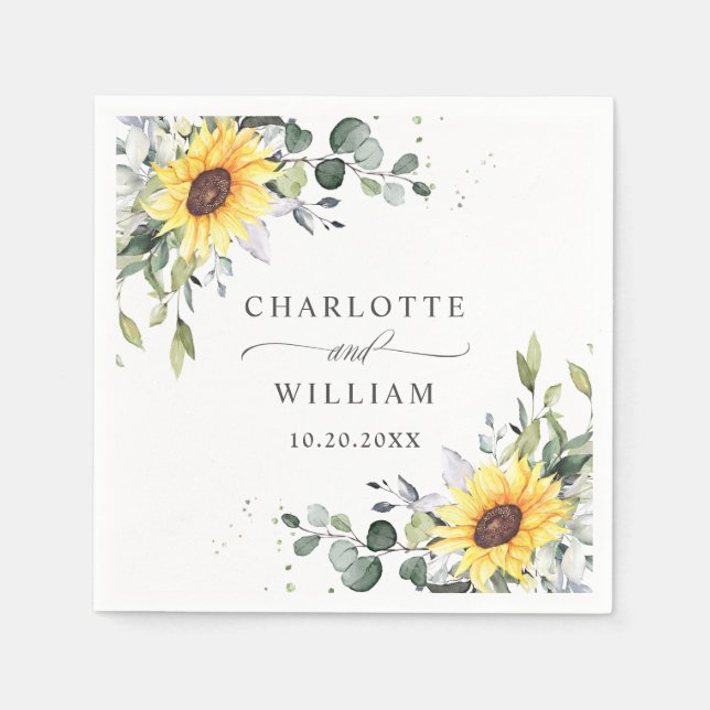 Elegant Sunflowers Eucalyptus Greenery Wedding Napkin (Front)