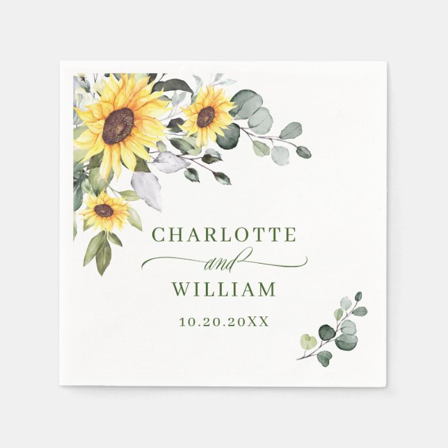Elegant Sunflowers Eucalyptus Greenery Wedding Napkin (Front)