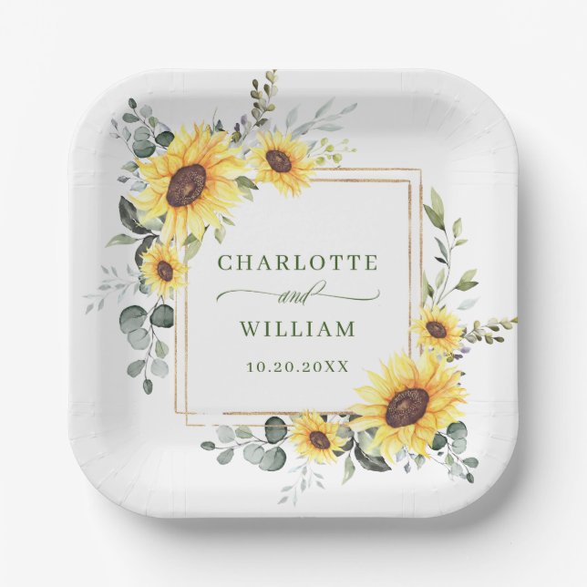 Elegant Sunflowers Eucalyptus Greenery Wedding Pap Paper Plate (Front)