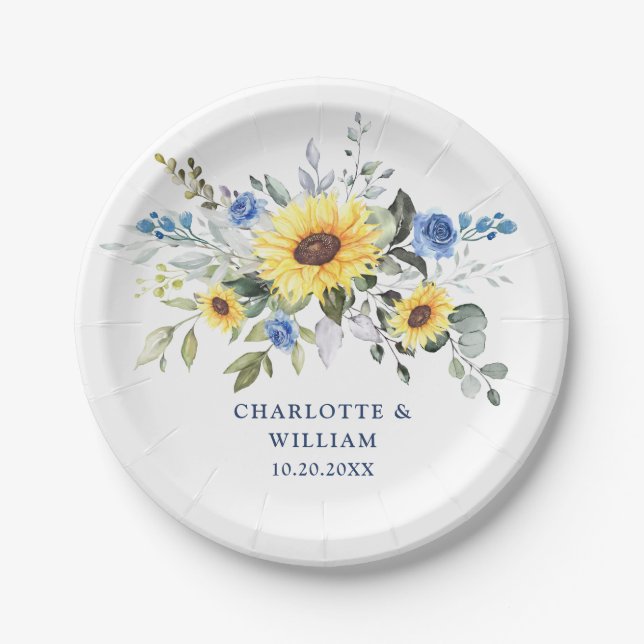Elegant Sunflowers Eucalyptus Greenery Wedding Paper Plate (Front)