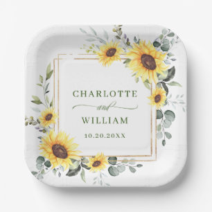 Elegant Sunflowers Eucalyptus Greenery Wedding Paper Plate
