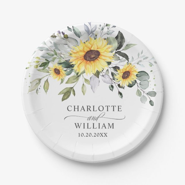 Elegant Sunflowers Eucalyptus Greenery Wedding Paper Plate (Front)
