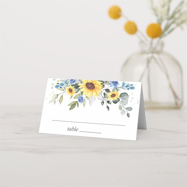 Elegant Sunflowers Eucalyptus Greenery Wedding Place Card (Front)