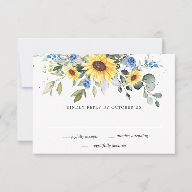 Elegant Sunflowers Eucalyptus Greenery Wedding RSVP Card (Front)