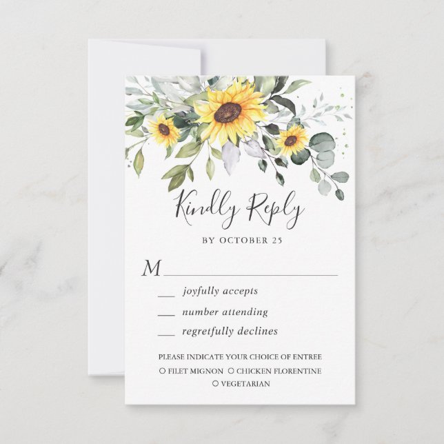 Elegant Sunflowers Eucalyptus Greenery Wedding RSVP Card (Front)
