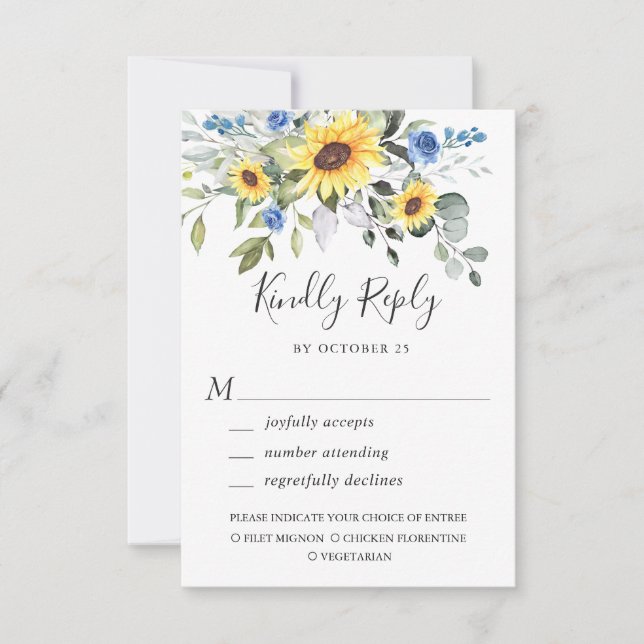 Elegant Sunflowers Eucalyptus Greenery Wedding RSVP Card (Front)