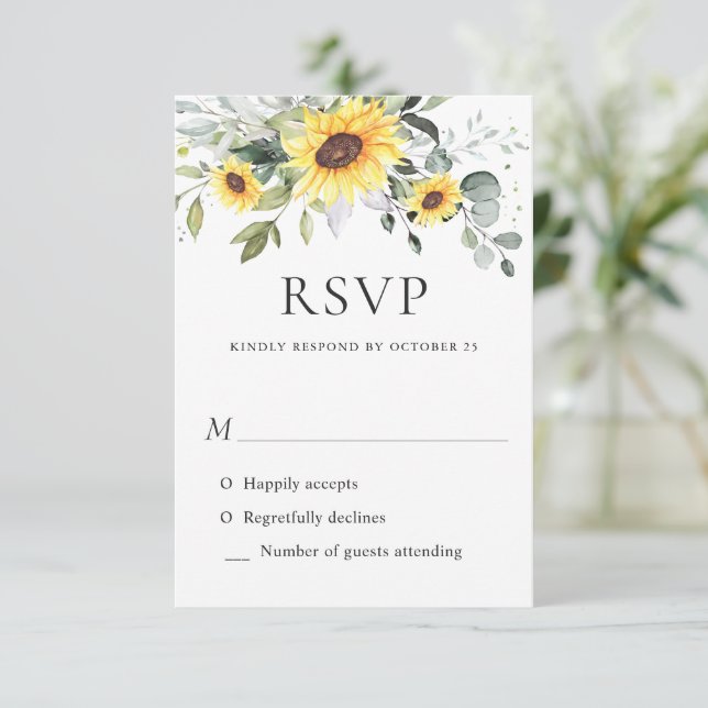 Elegant Sunflowers Eucalyptus Greenery Wedding RSVP Card (Standing Front)