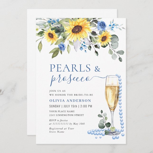 Elegant Sunflowers Eucalyptus PEARLS & Prosecco Invitation (Front/Back)
