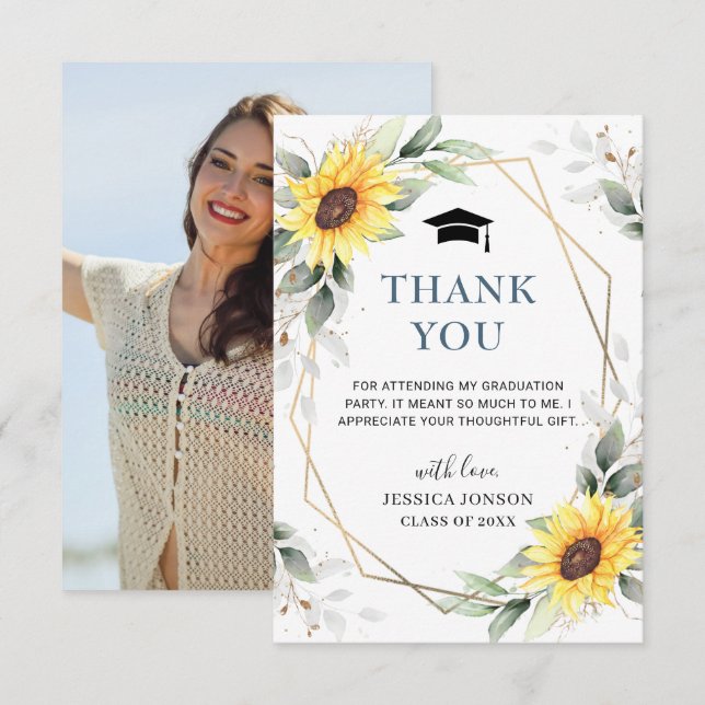 Elegant Sunflowers Eucalyptus Photo Graduation Thank You Card (Front/Back)