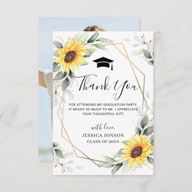 Elegant Sunflowers Eucalyptus Photo Graduation Thank You Card (Front/Back)
