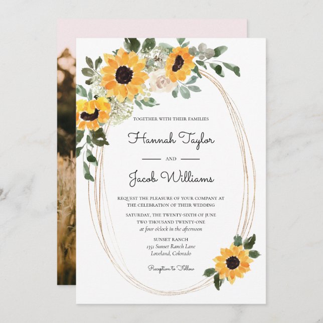 Elegant Sunflowers Eucalyptus Photo Wedding Invitation (Front/Back)