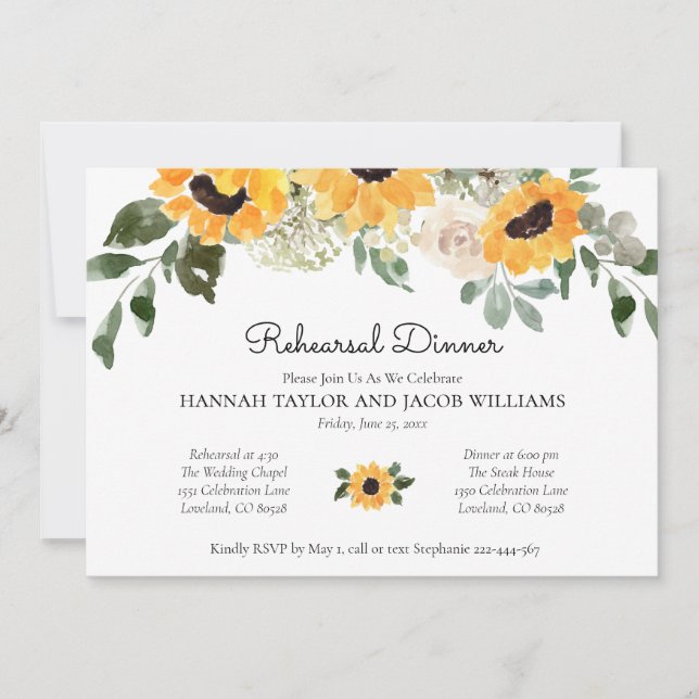 Elegant Sunflowers Eucalyptus Rehearsal Dinner Invitation (Front)