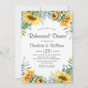 Elegant Sunflowers Eucalyptus Rehearsal Dinner Invitation