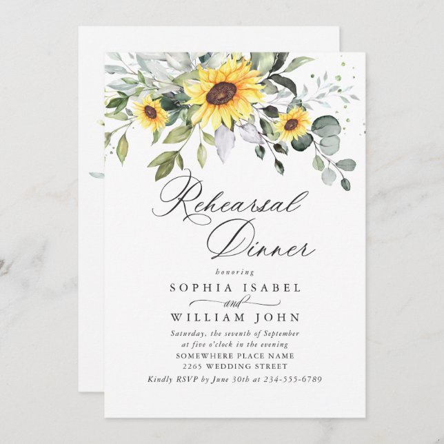 Elegant Sunflowers Eucalyptus REHEARSAL DINNER Invitation (Front/Back)