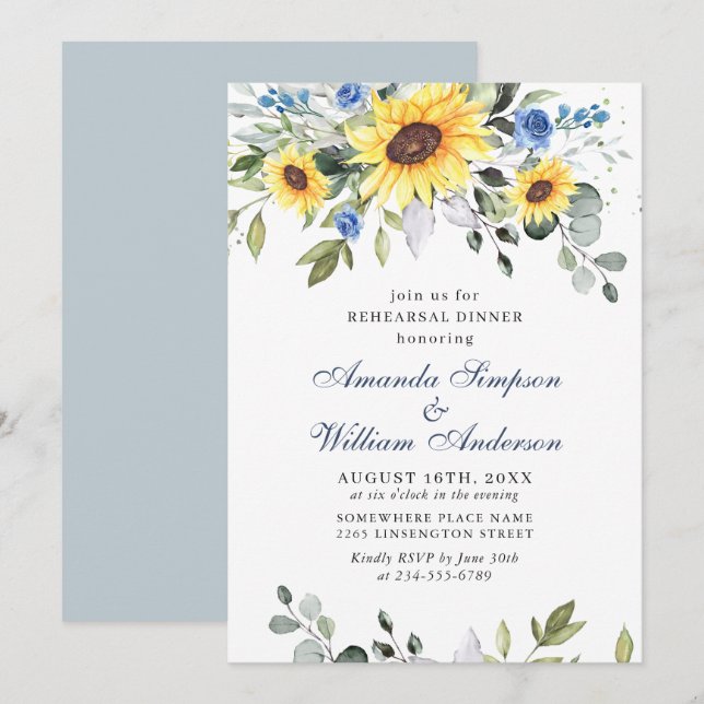 Elegant Sunflowers Eucalyptus REHEARSAL DINNER Invitation (Front/Back)