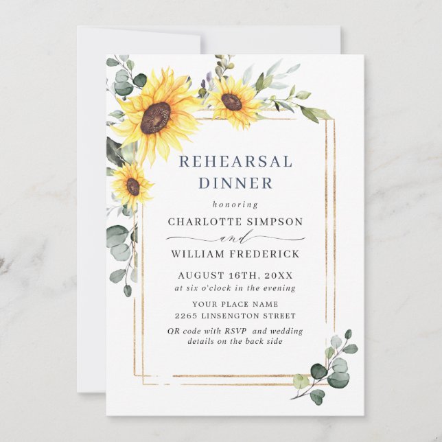 Elegant Sunflowers Eucalyptus REHEARSAL DINNER QR Invitation (Front)