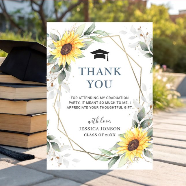 Elegant Sunflowers Eucalyptus Rustic Graduation Thank You Card (Creator Uploaded)