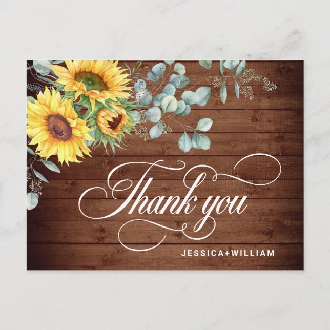 Elegant Sunflowers Eucalyptus Rustic Thank You Postcard (Front)