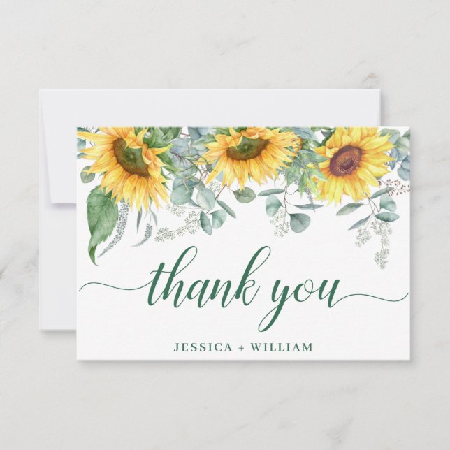 Elegant Sunflowers Eucalyptus Rustic Wedding Thank You Card (Front)