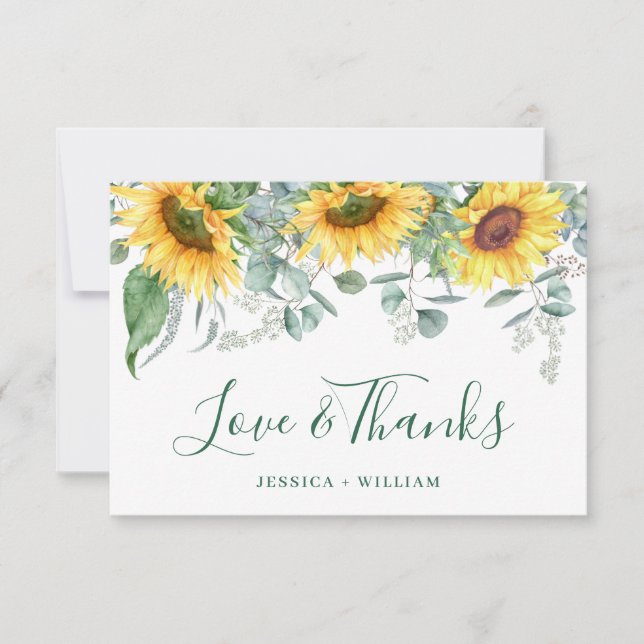 Elegant Sunflowers Eucalyptus Rustic Wedding Thank You Card (Front)