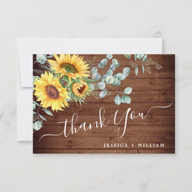 Elegant Sunflowers Eucalyptus Rustic Wedding Thank You Card (Front)