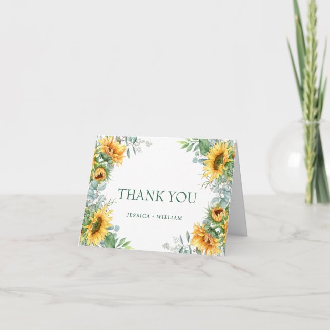 Elegant Sunflowers Eucalyptus Rustic Wedding Thank You Card (Front)