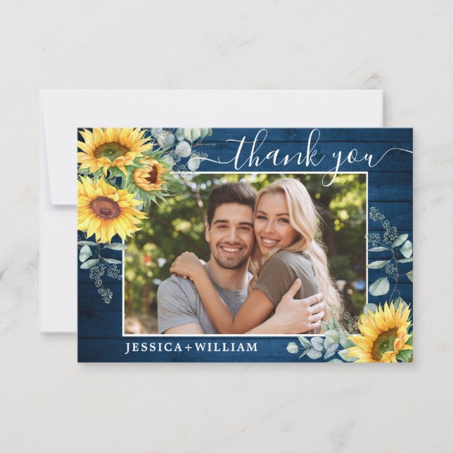 Elegant Sunflowers Eucalyptus Rustic Wood PHOTO Thank You Card (Front)