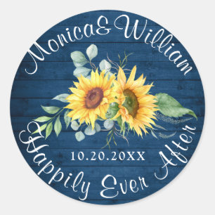 Elegant Sunflowers Eucalyptus Rustic Wood Wedding Classic Round Sticker