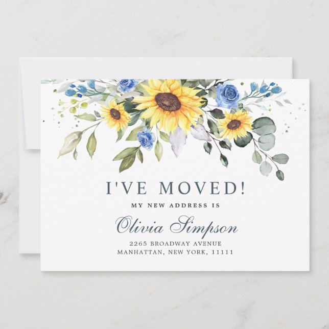 Elegant Sunflowers Eucalyptus Watercolor Moving Announcement (Front)