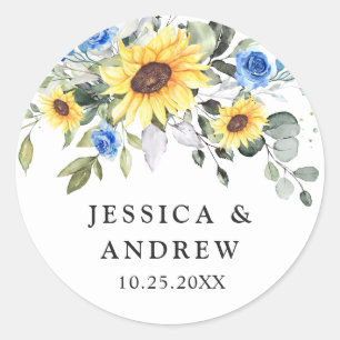 Elegant Sunflowers Eucalyptus Watercolor Wedding Classic Round Sticker